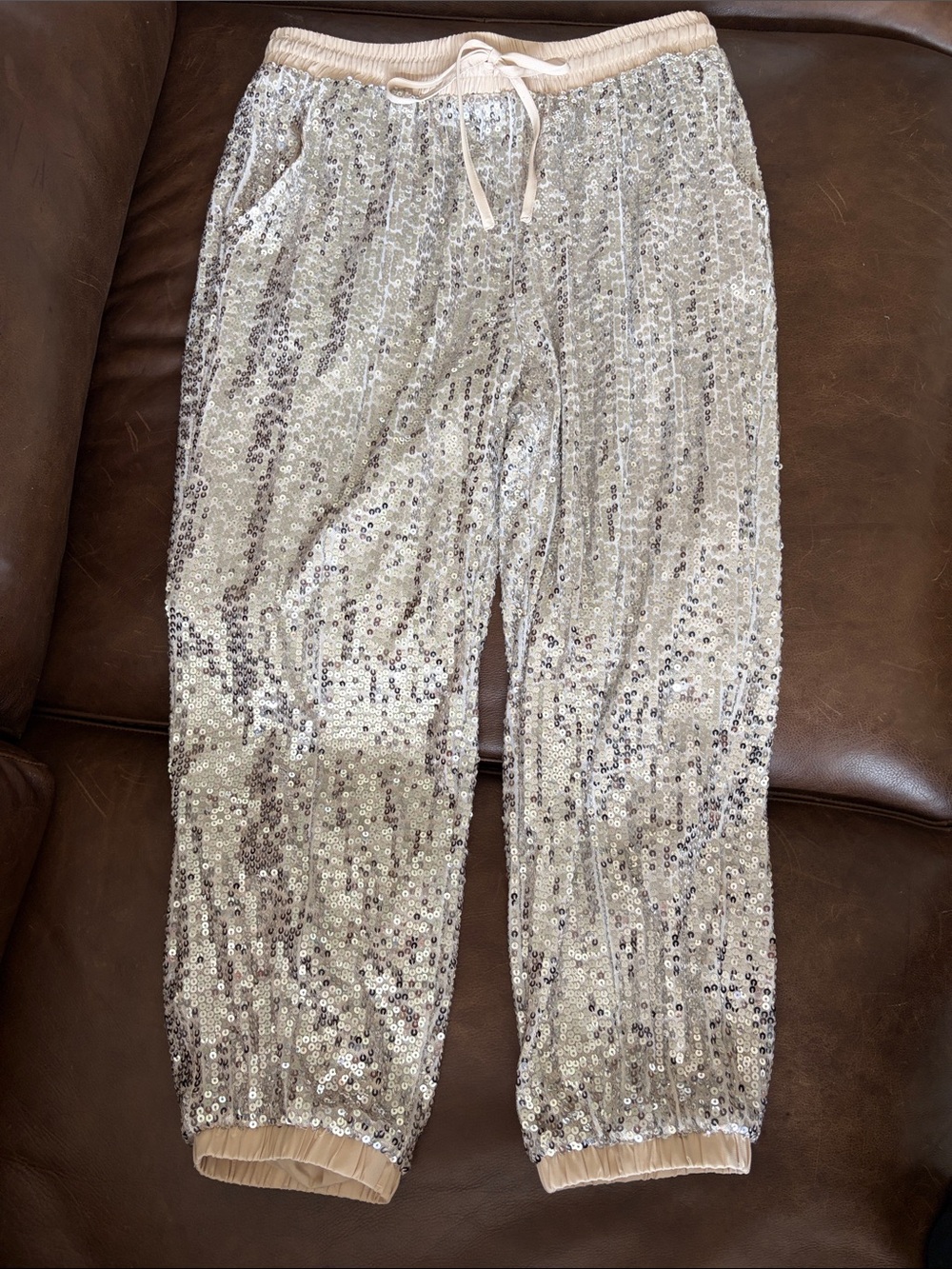 12th Tribe Satin & Sequin Jogger Pants - Champagne